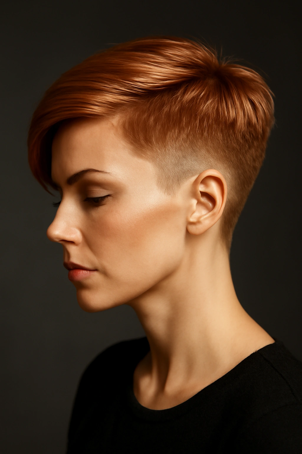 12 Short Strawberry Blonde Haircuts Women Are Loving 11 Undercut pixie with longer top in strawberry blonde, side shaved contrast