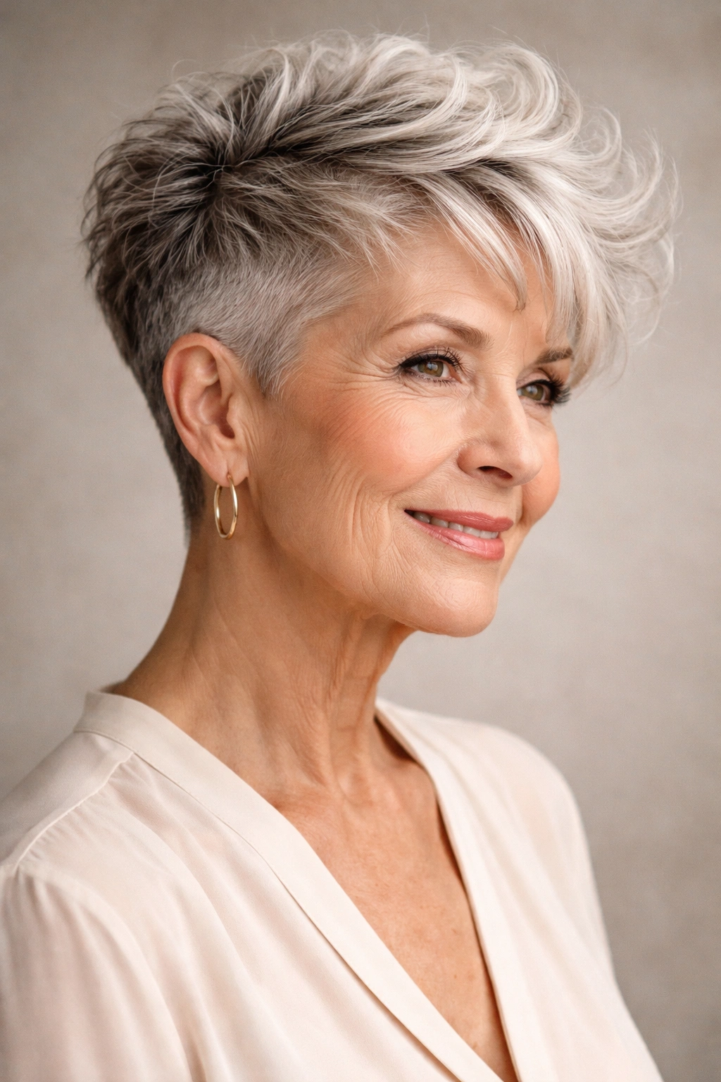 Textured pixie with undercut showing cropped sides and textured top
