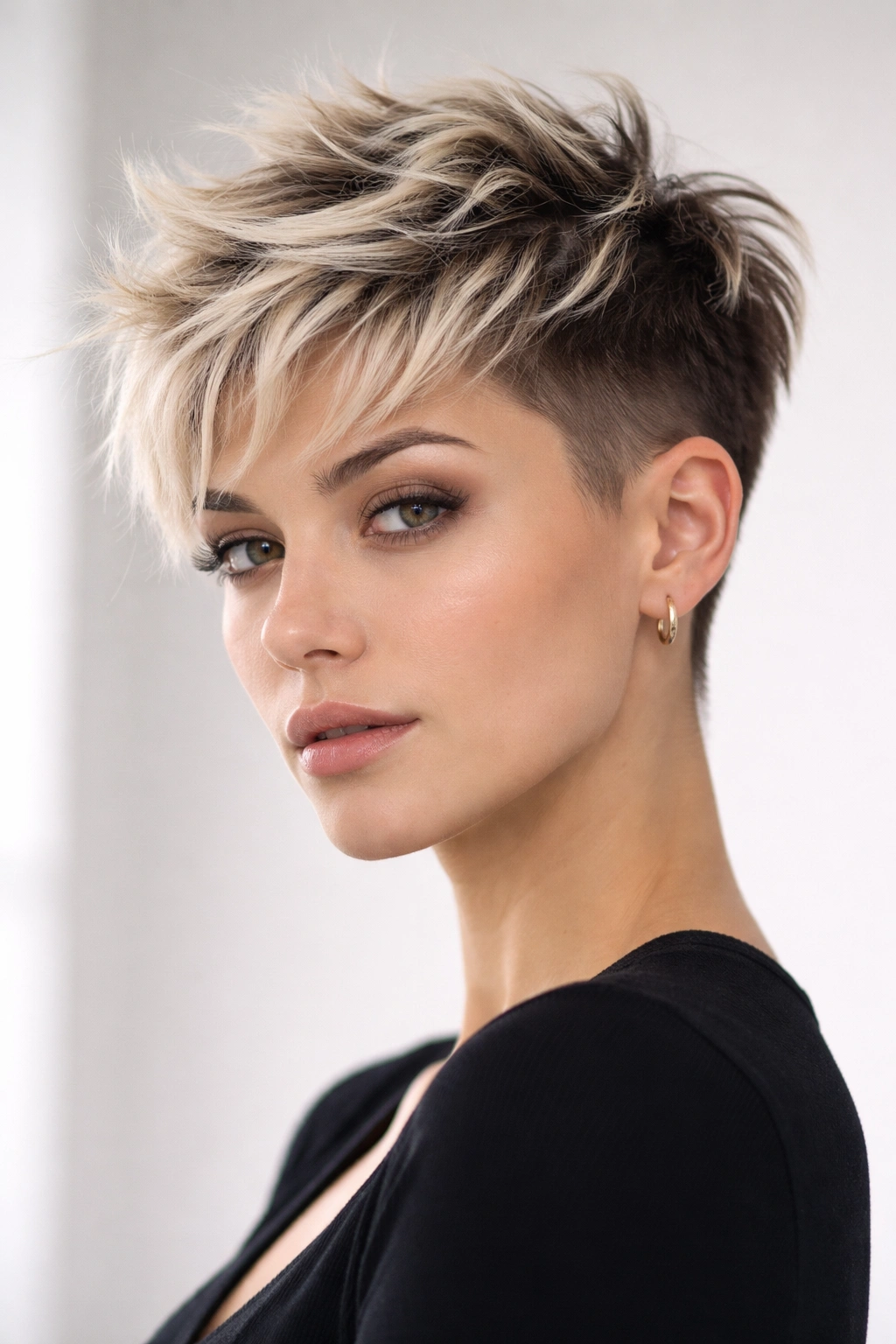15 Choppy Short Haircuts Loaded With Texture 9 Close-up of a textured undercut pixie with a choppy top.