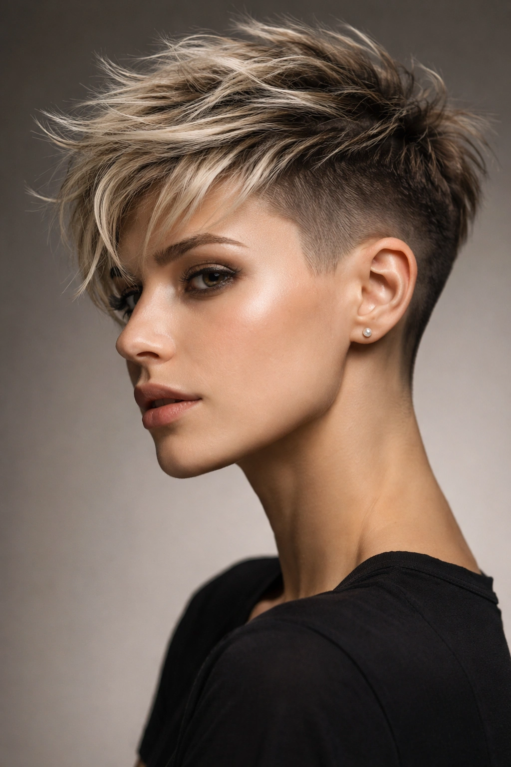 Pixie with textured top and shaved undercut on the sides.