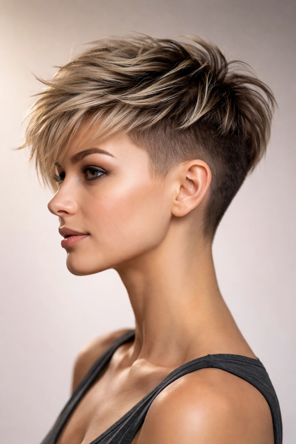 Profile shot of a model with an undercut pixie showing sharp contrast between short sides and long top