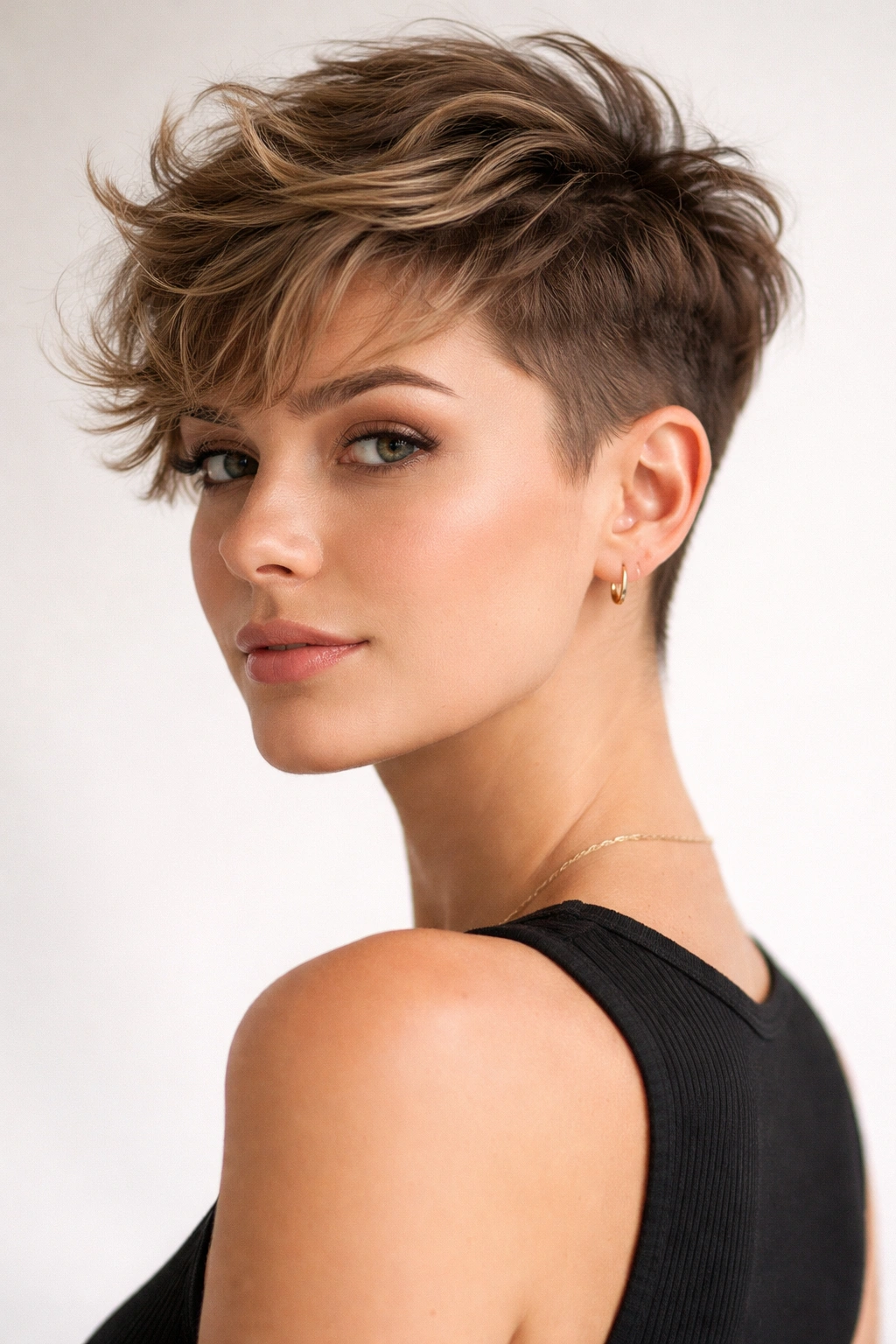 Tousled pixie with undercut and wavy top on a model.