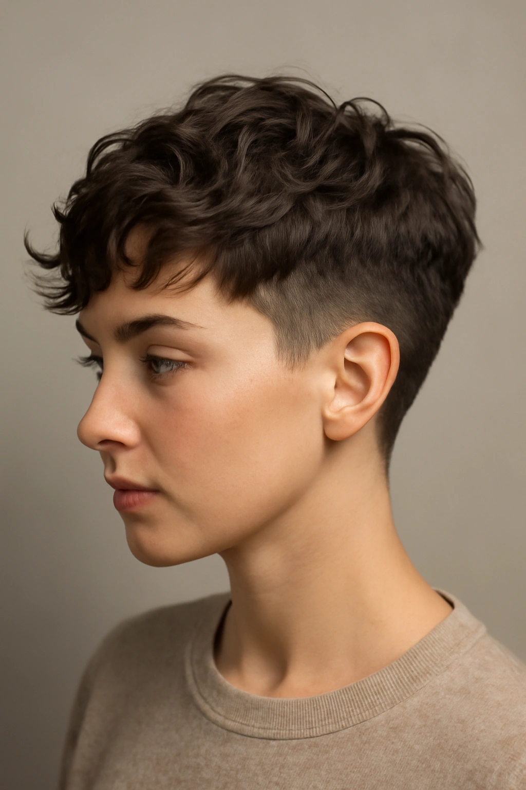 12 Wavy Pixie Styles Perfect for Wash and Go 10 Soft undercut pixie with longer wavy top against a neutral backdrop