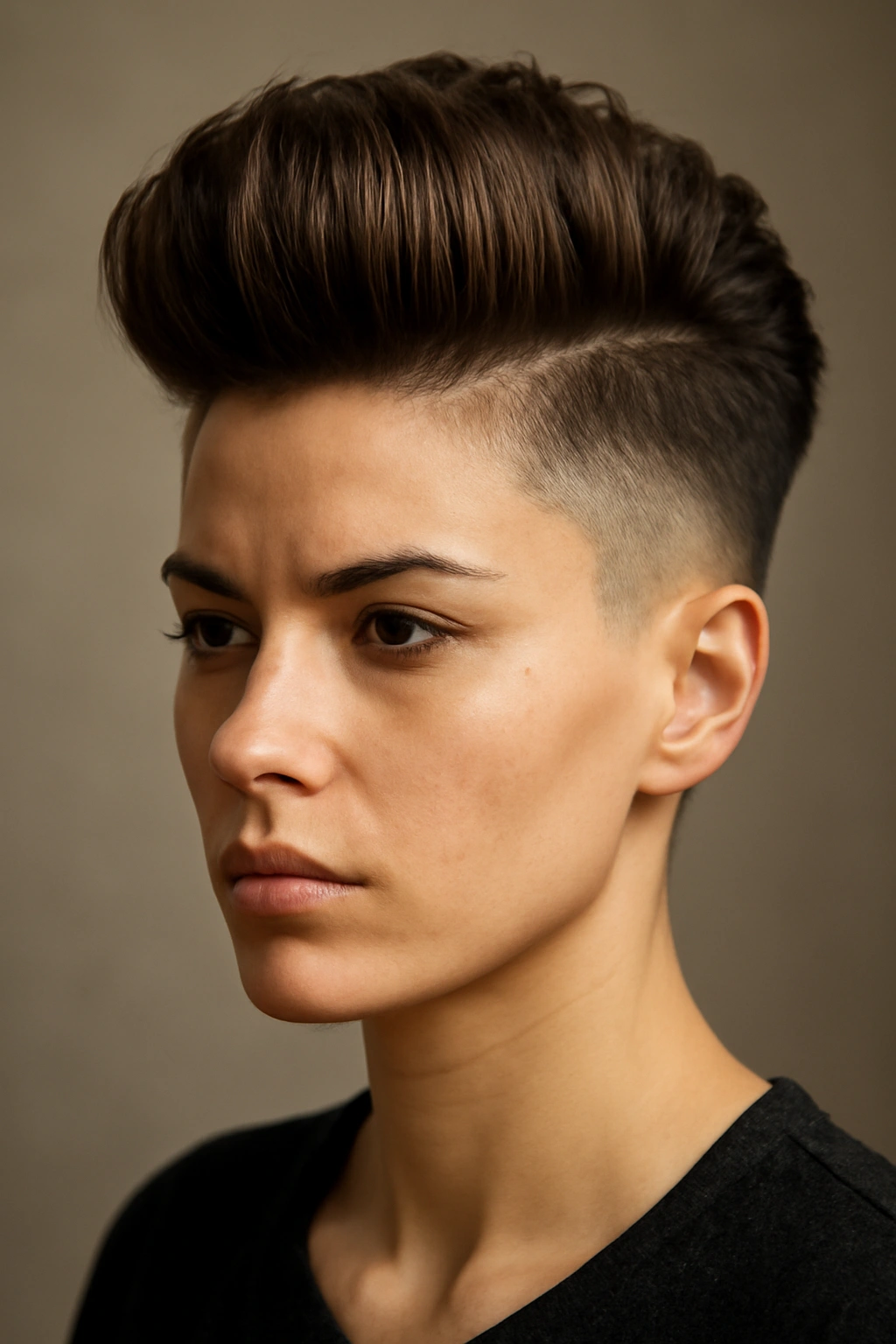 10 Pompadour Hairstyles for Women With Longer Hair 6 Portrait of an undercut pompadour with shaved sides and tall crown.