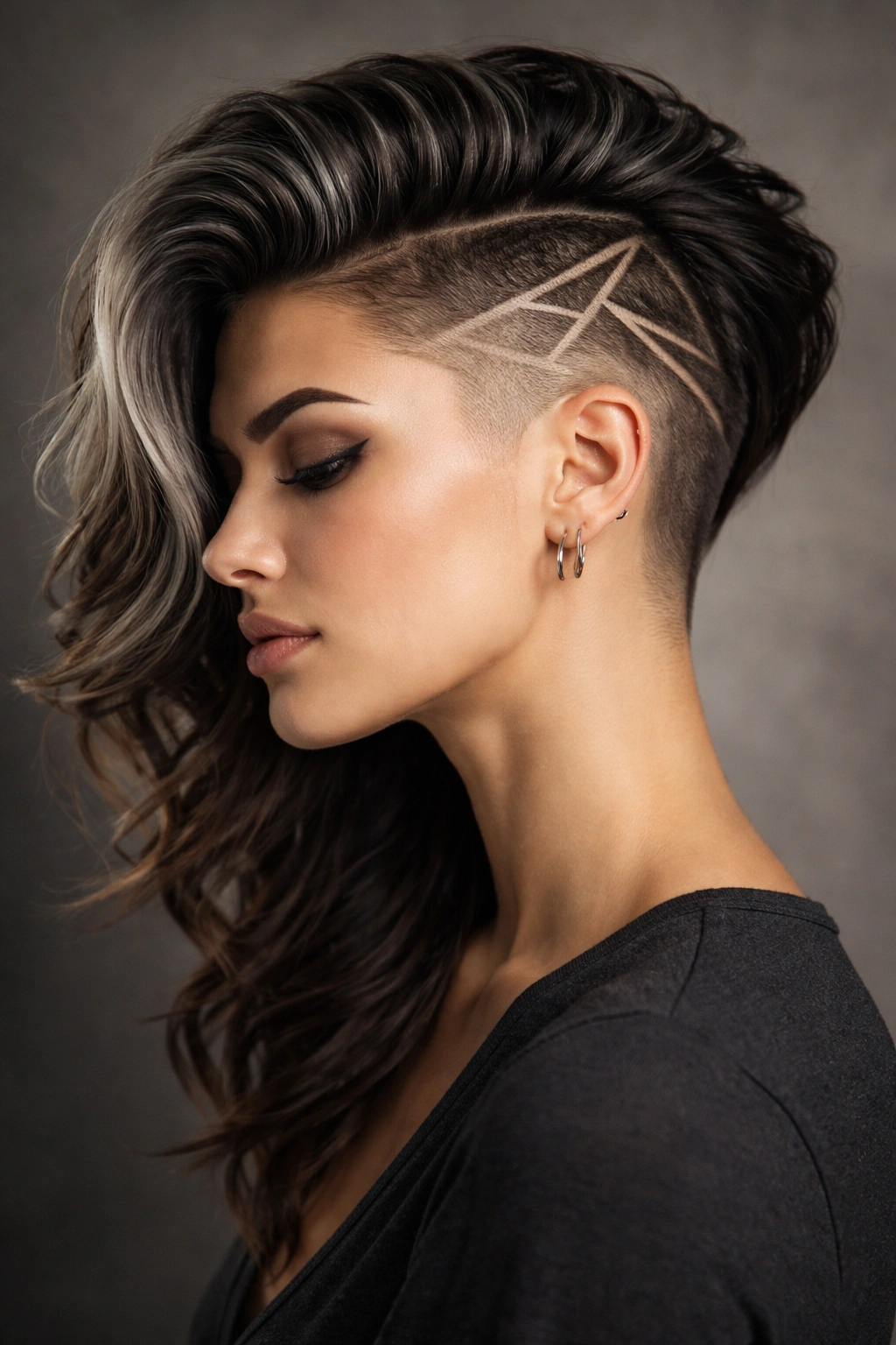 Portrait of a woman with a bold undercut, studio lighting, minimal backdrop