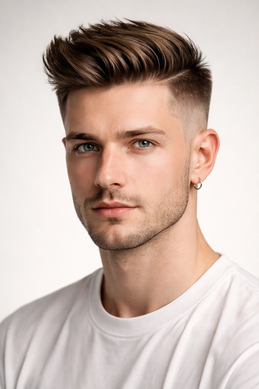 Portrait of a person with an undercut featuring short sides and longer top