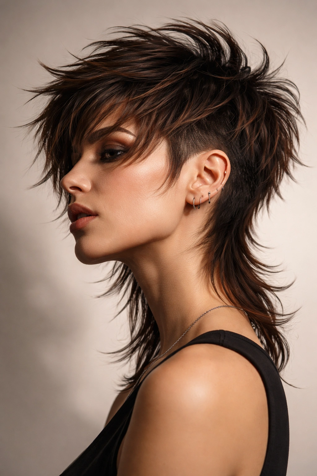 Portrait of a person with a choppy undercut shag showing short sides and textured top.