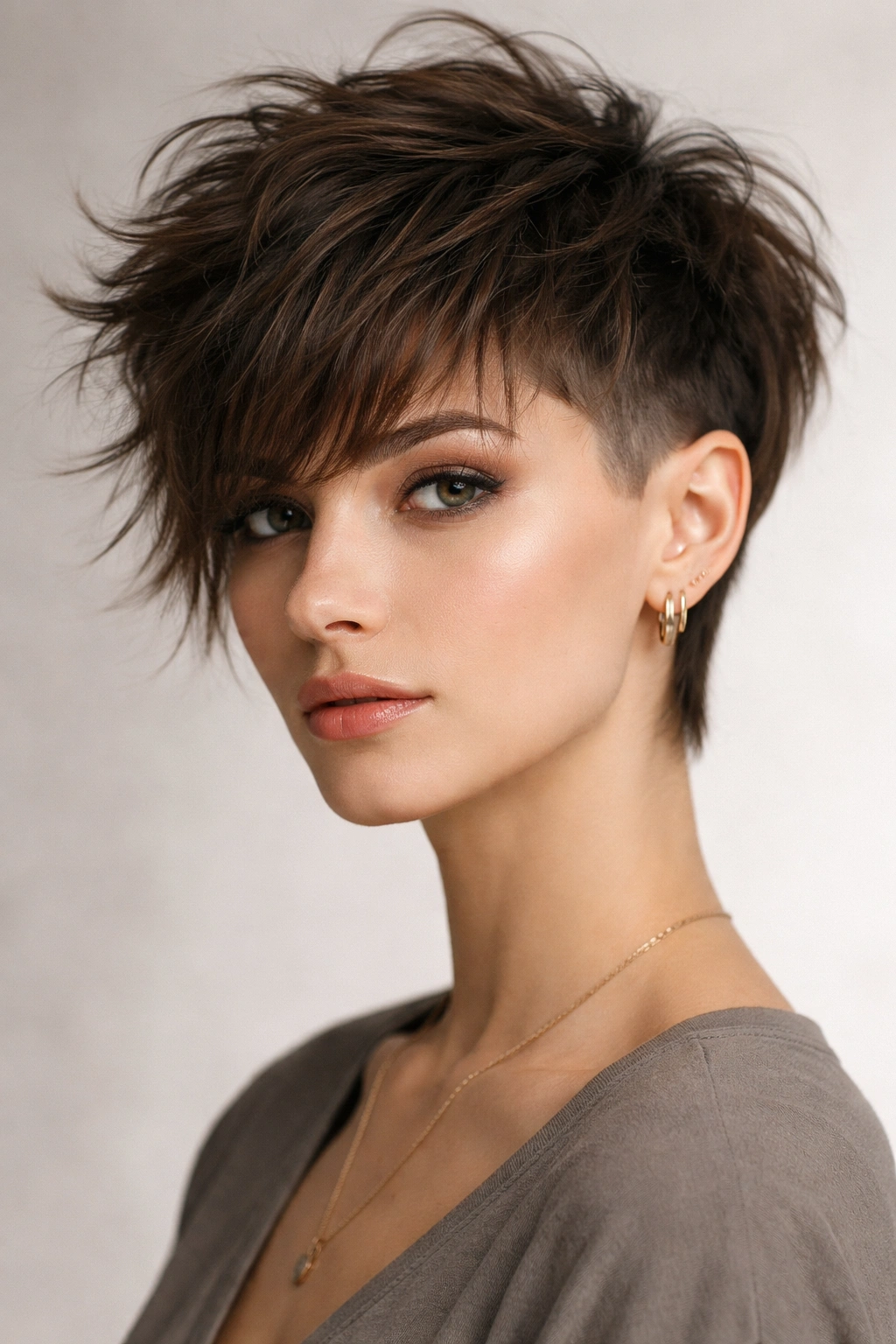 Close-up portrait of a person with a textured shag and undercut on a diamond face