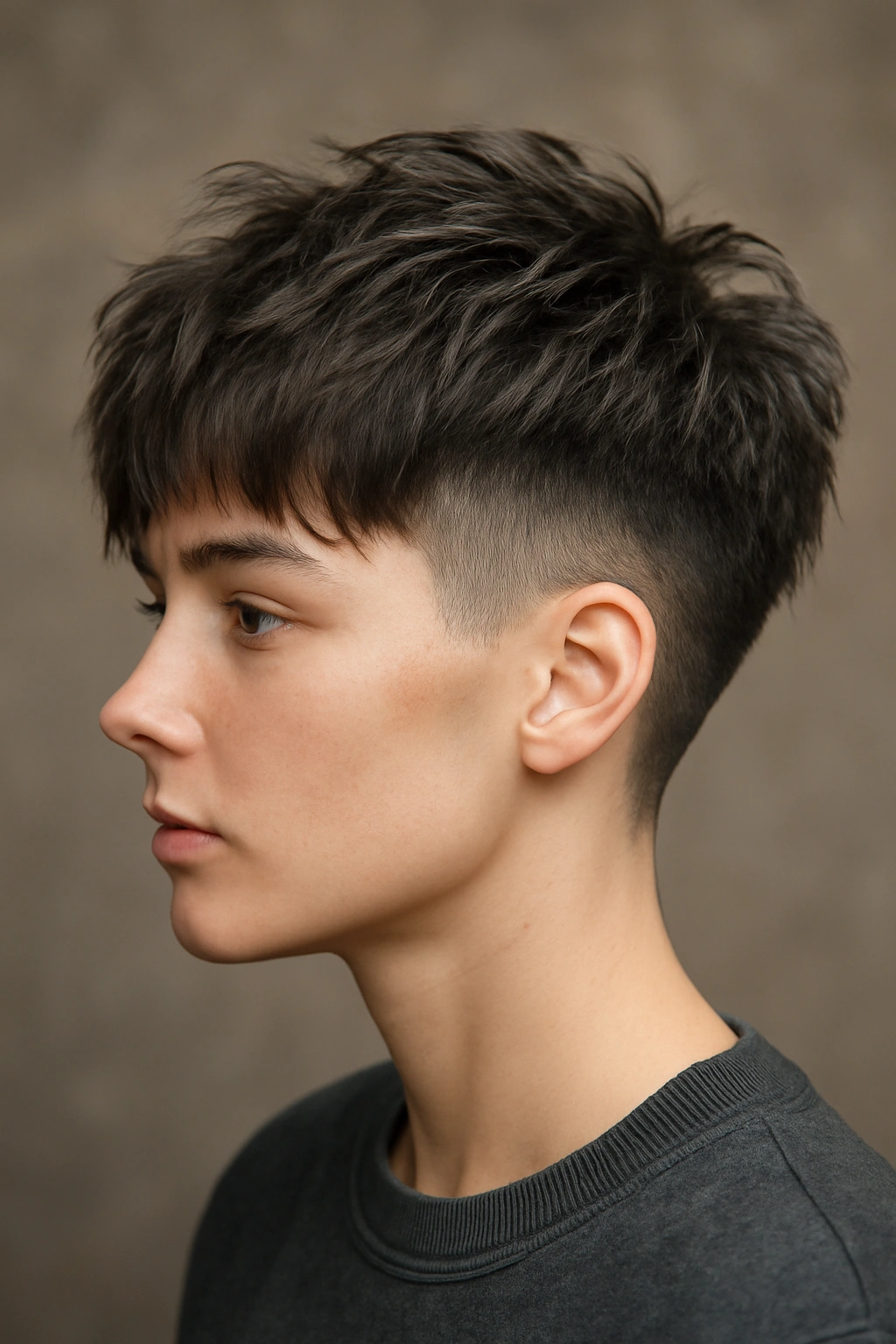 20 Short Shag Haircuts for Easy, Effortless Mornings 16 Side profile of a person with modern shag and blended undercut fade.