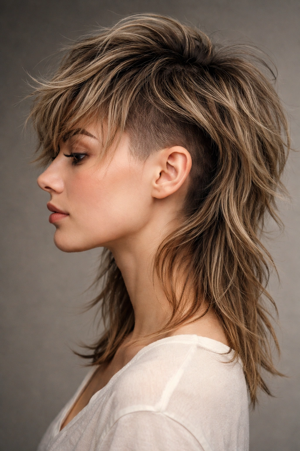 Shag hairstyle with undercut showing contrast between top layers and shaved underside