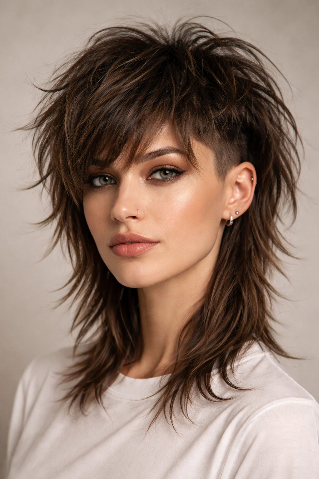 Model with shag haircut featuring an undercut on the sides