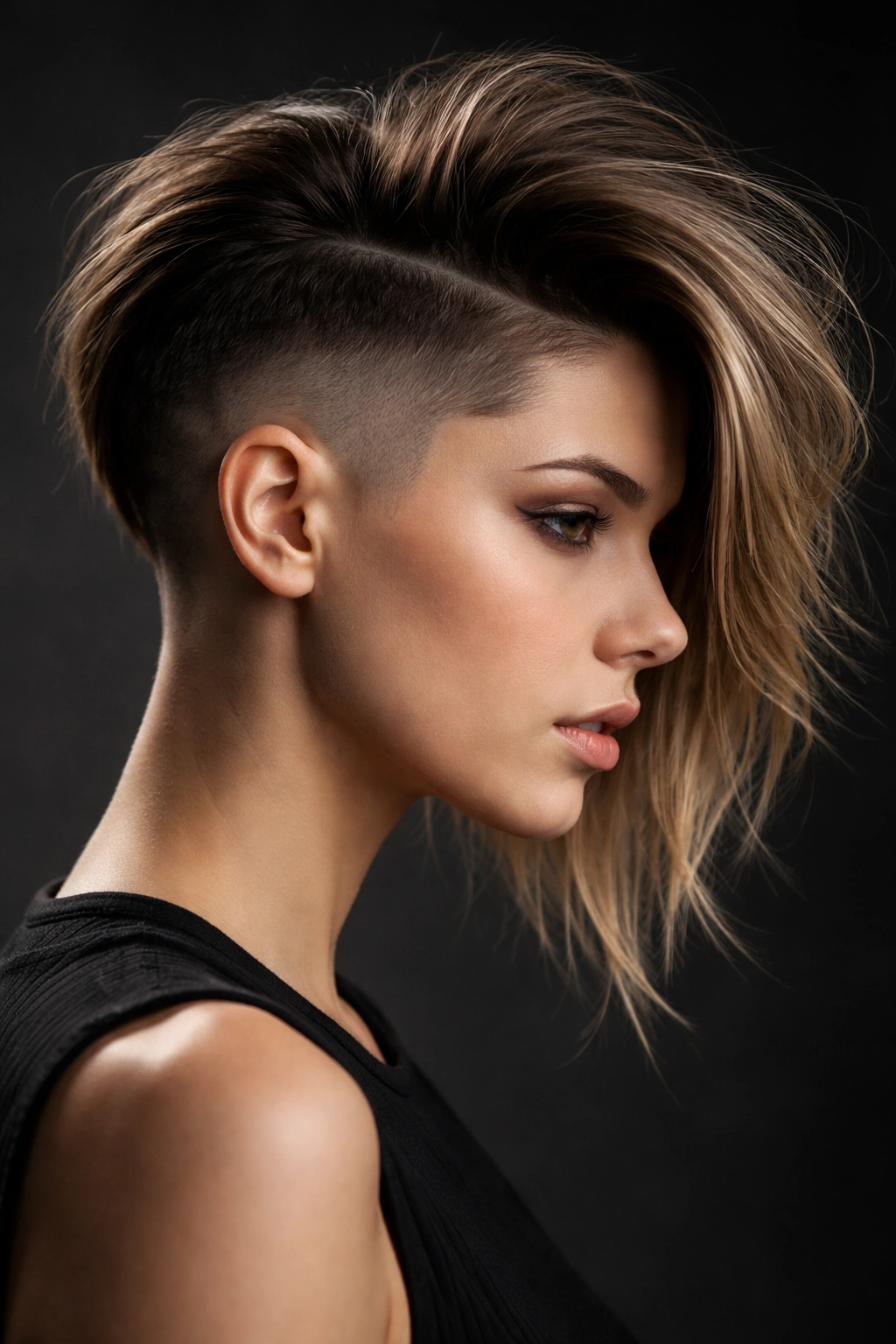 12 Asymmetrical Haircuts With A Modern Edge 1 Close-up of a sharp disconnected undercut showing a dramatic shaved side and long top.