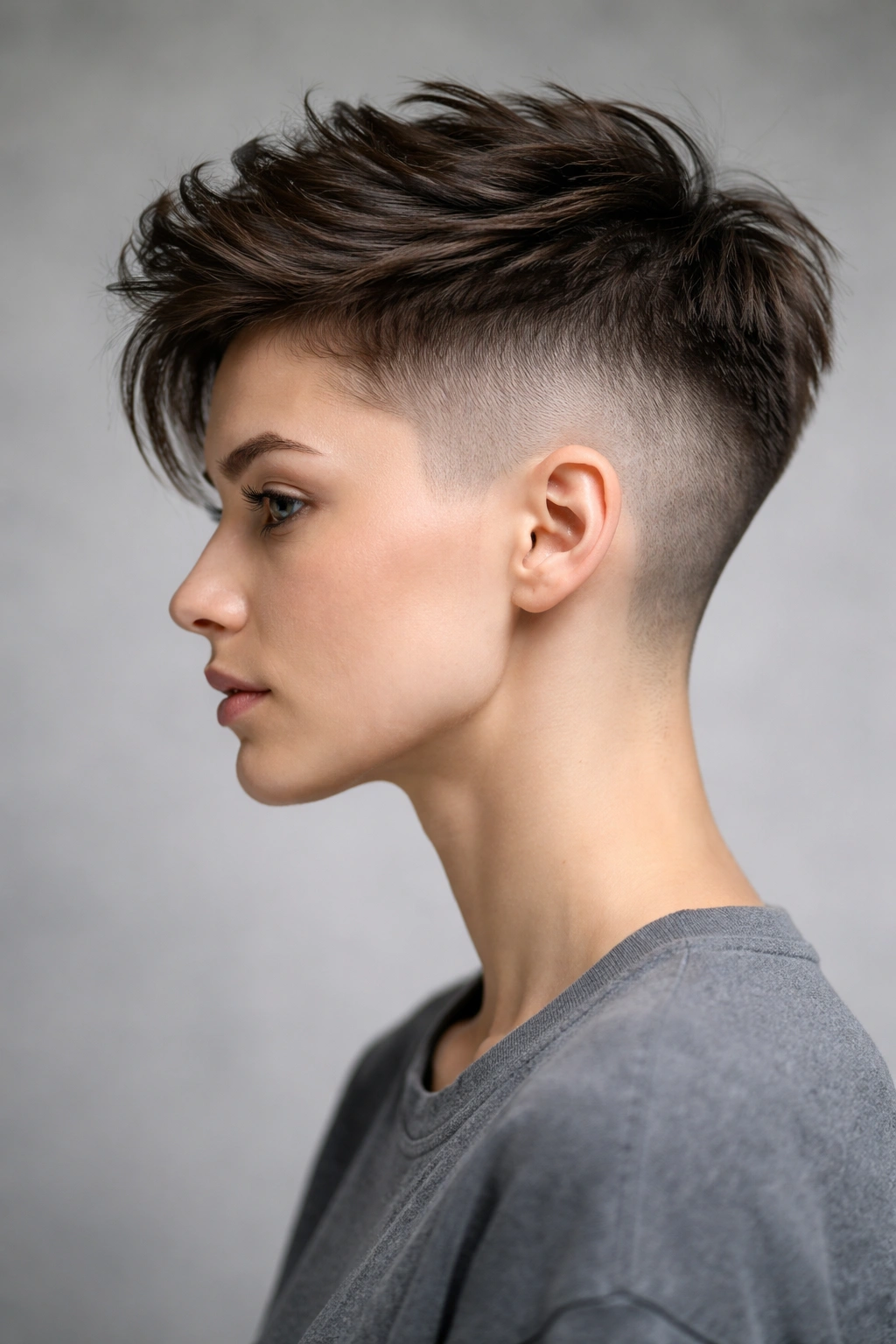 Profile portrait of a person with shaved sides and longer top undercut.
