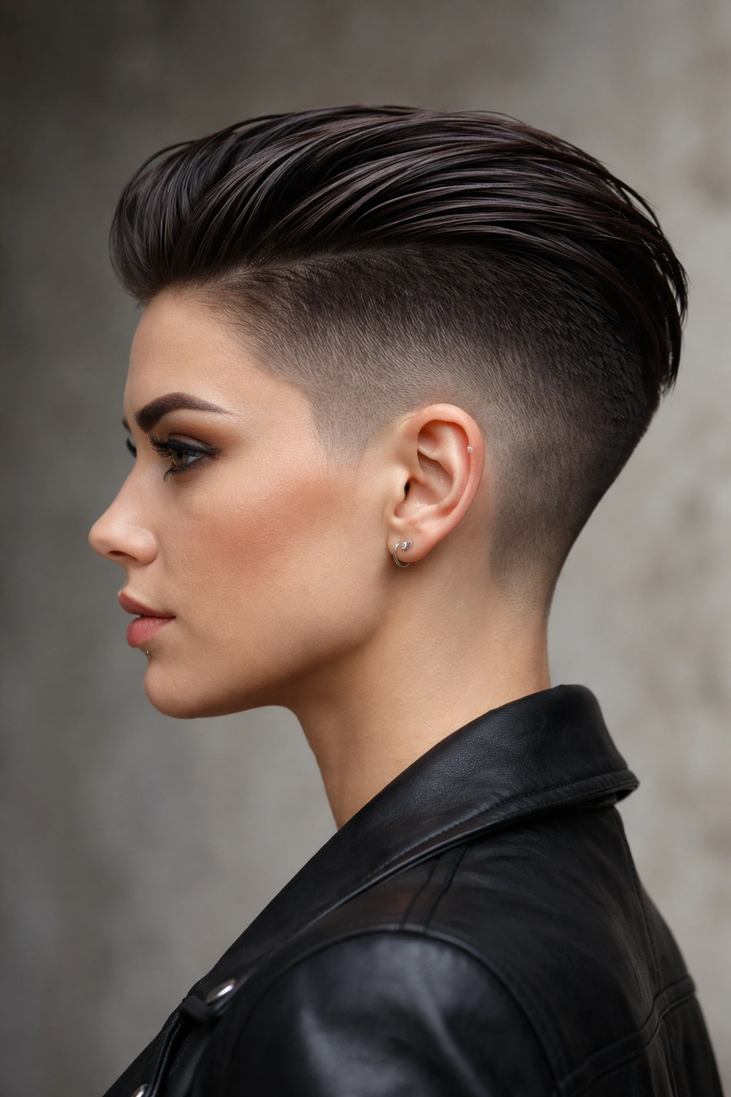 Profile portrait highlighting the sleek undercut's sharp contrast between shaved sides and long top