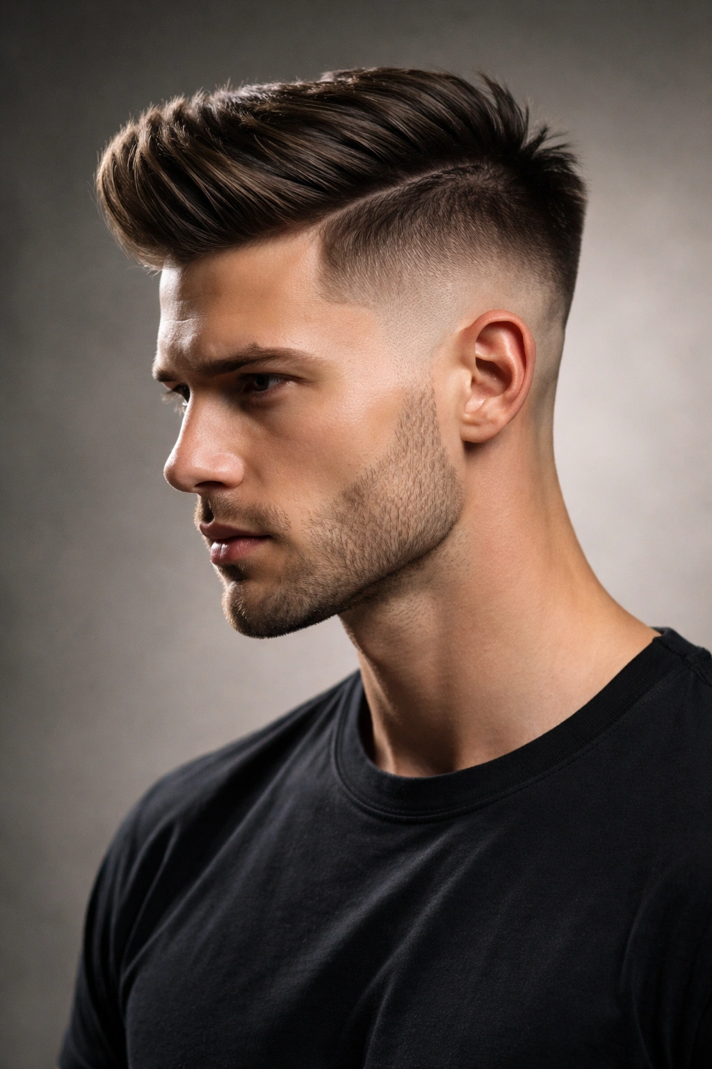 Close-up portrait of a man with a high-contrast undercut showing a crisp line between very short sides and a longer top