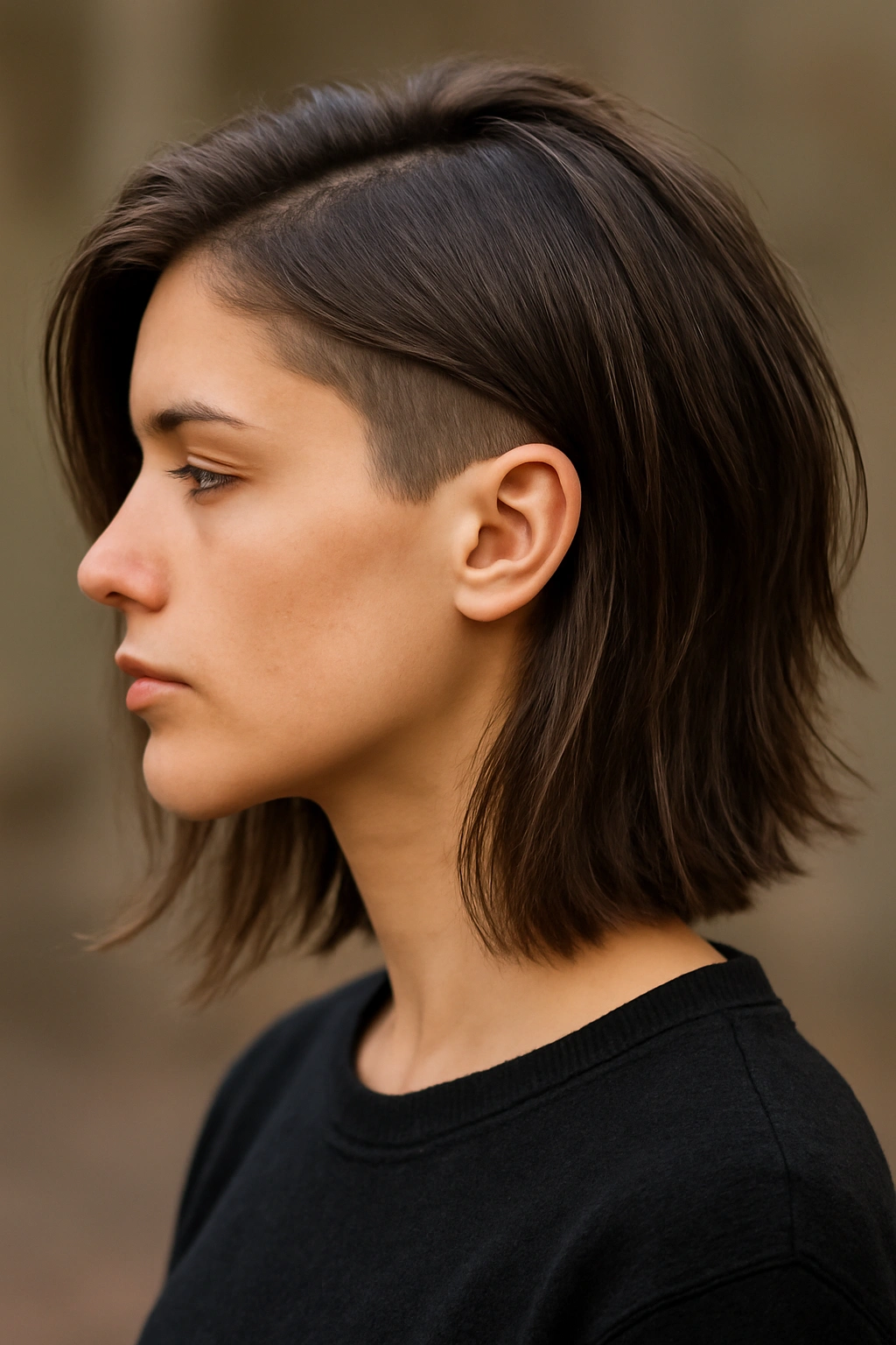 12 Cuts That Hit Right Above the Shoulders (And Look So Good) 11 Head-and-shoulders profile of a model with a disconnected undercut and shoulder-length top.