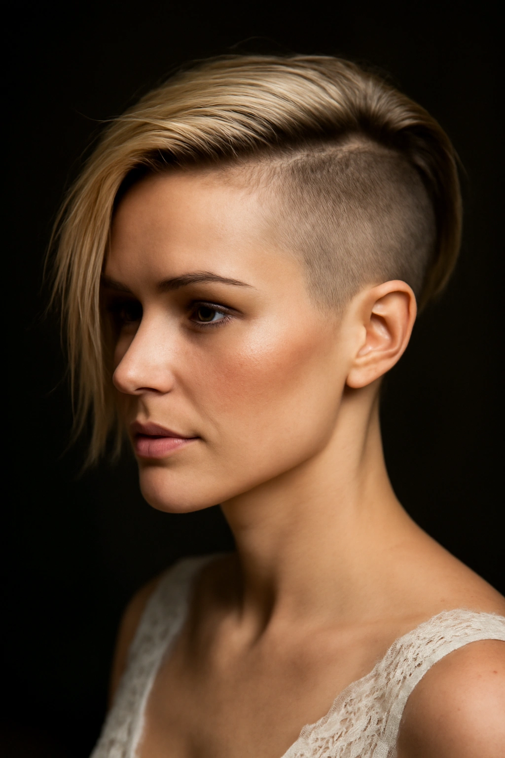 15 Wedding Hairstyles That Suit Short-Haired Brides 4 Profile view of a side-swept undercut with dramatic contrast