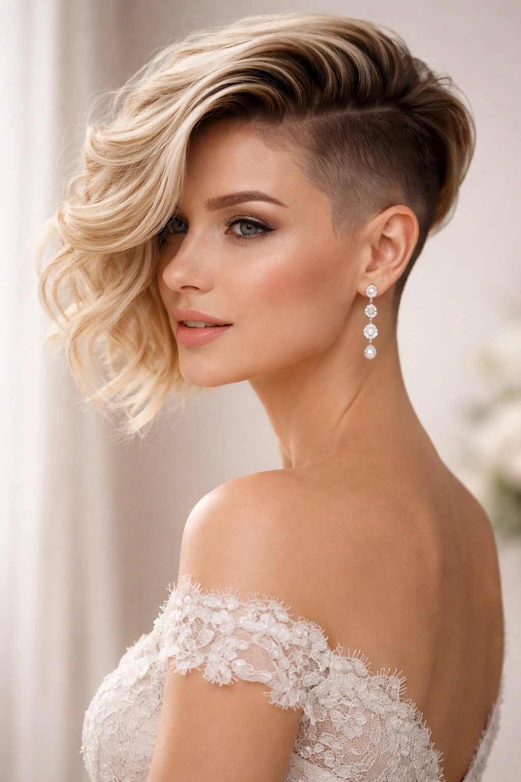 Profile of side-swept undercut on short bridal hairstyle