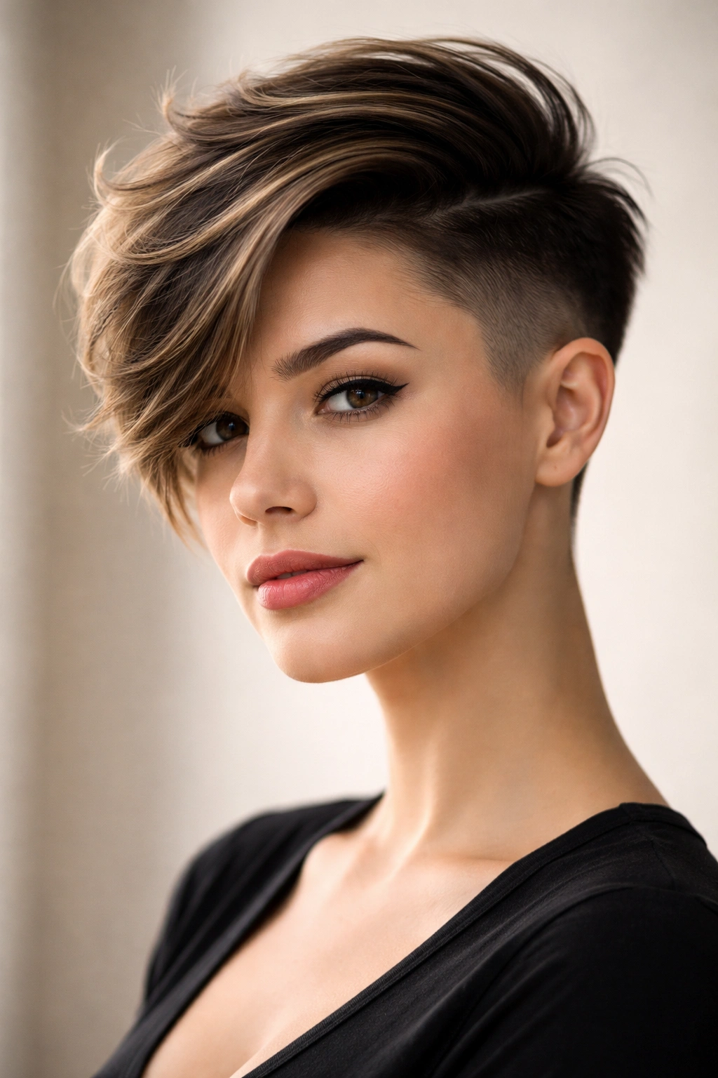 15 Slimming Short Hairstyles For Round Faces 2 Portrait of a person with a side-swept disconnected undercut and dramatic top