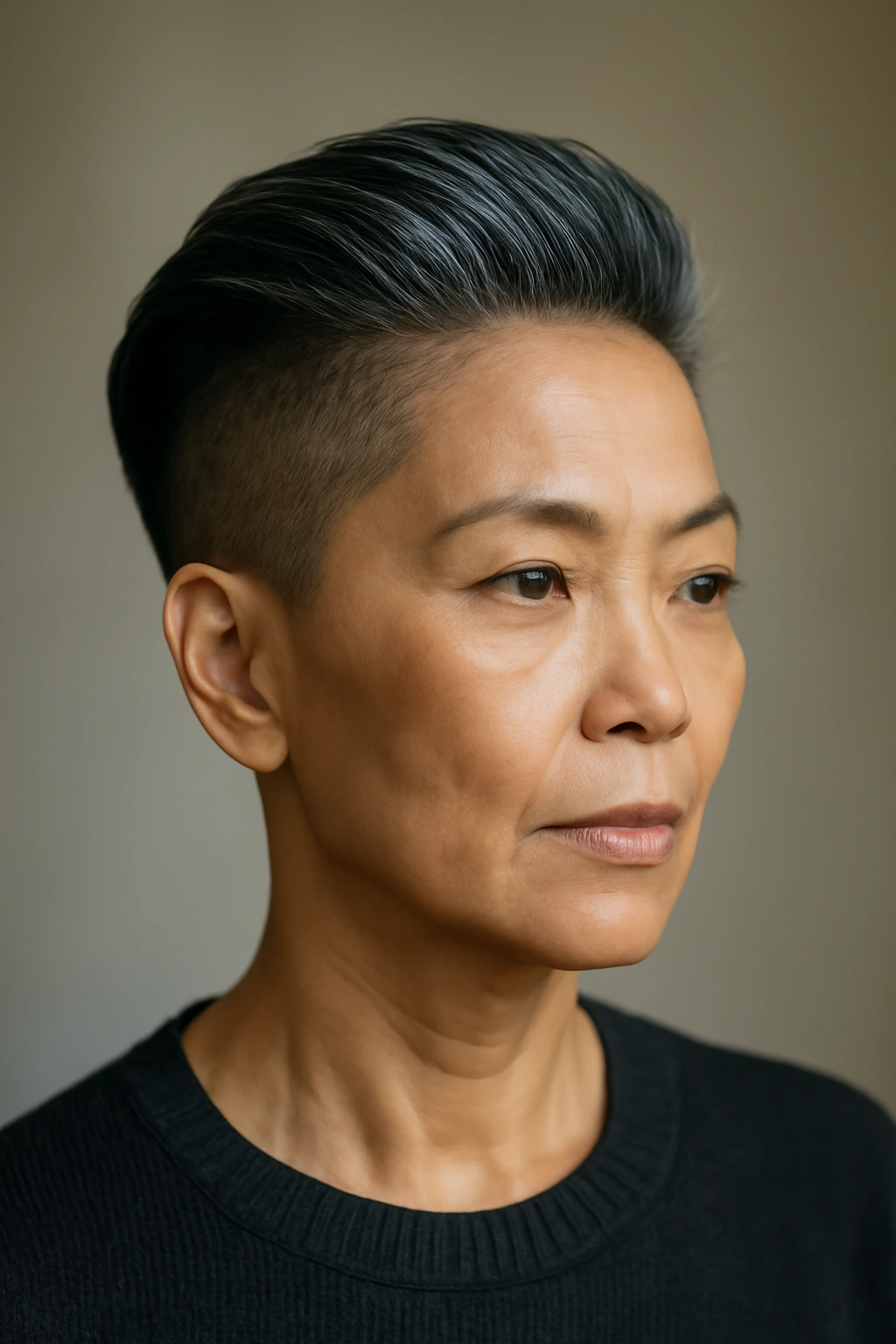 10 Short Haircuts for Asian Women Over 50 to Try 10 Woman with a styled-back undercut and longer top swept back for a sleek silhouette.