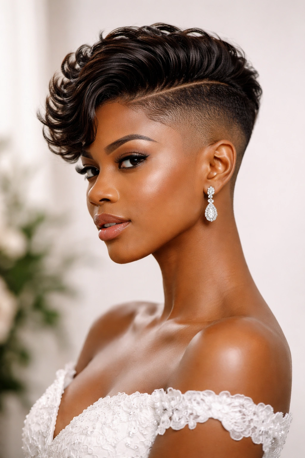 Bride with high fade undercut and sleek top, modern bridal hairstyle