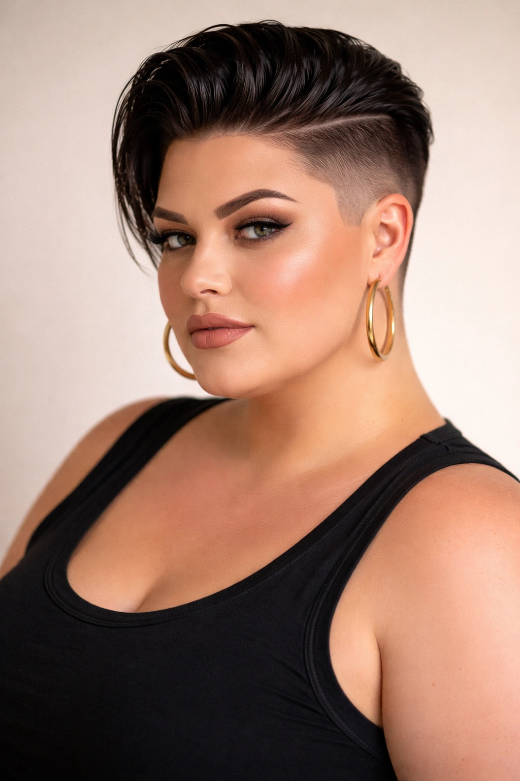 15 Flattering Short Haircuts For Plus Size Women 7 Portrait of a person with a sleek undercut and longer top, shaved sides and glossy crown in a studio.