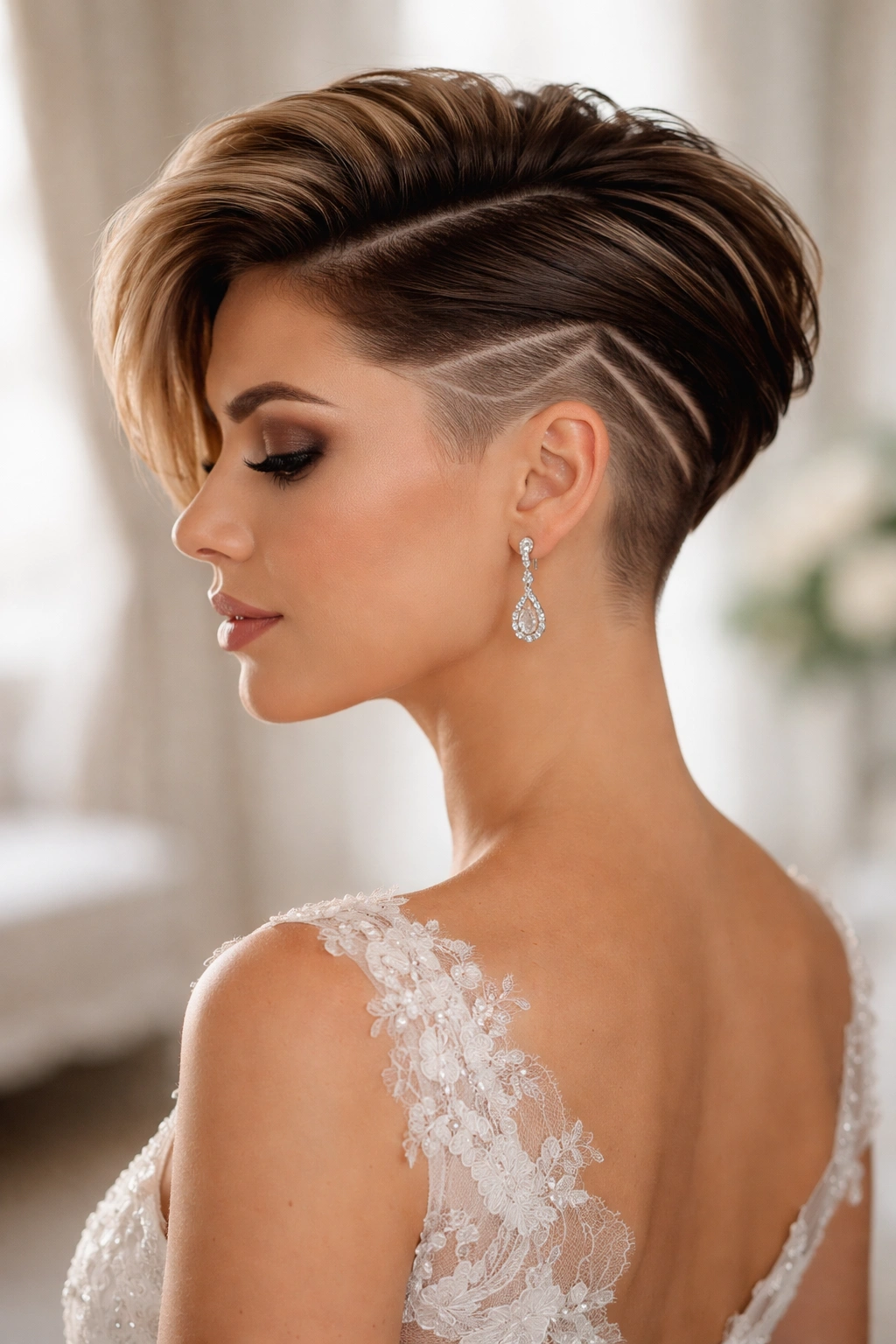 Short hair undercut revealed with sleek styling