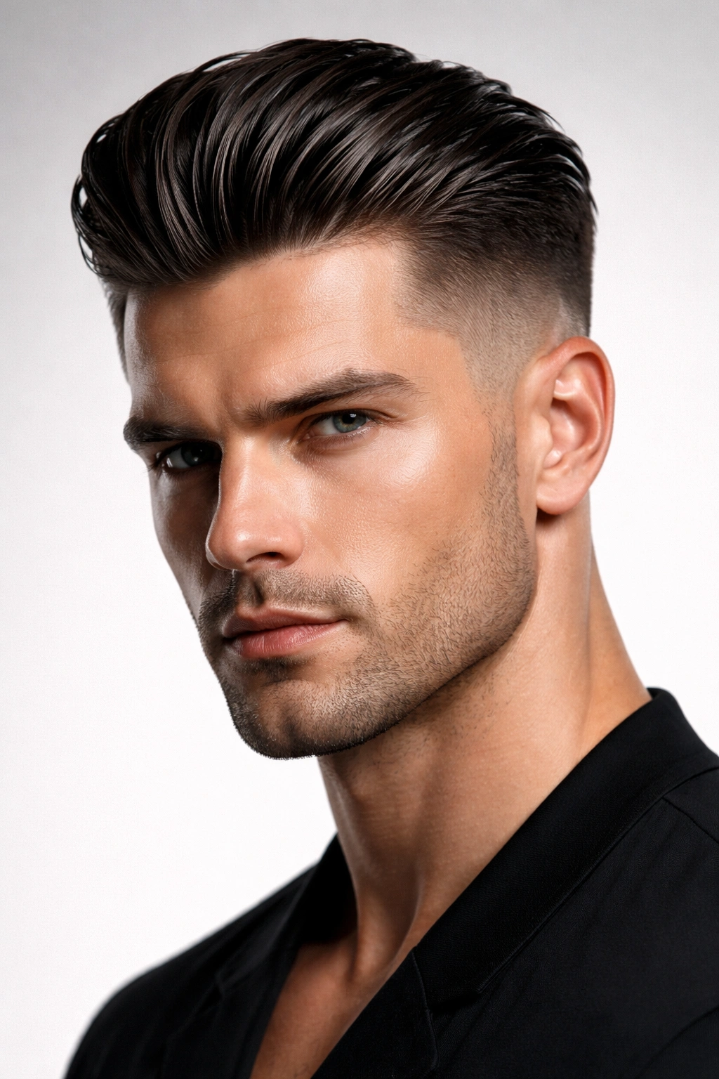 Portrait of a man with an undercut slick back hairstyle