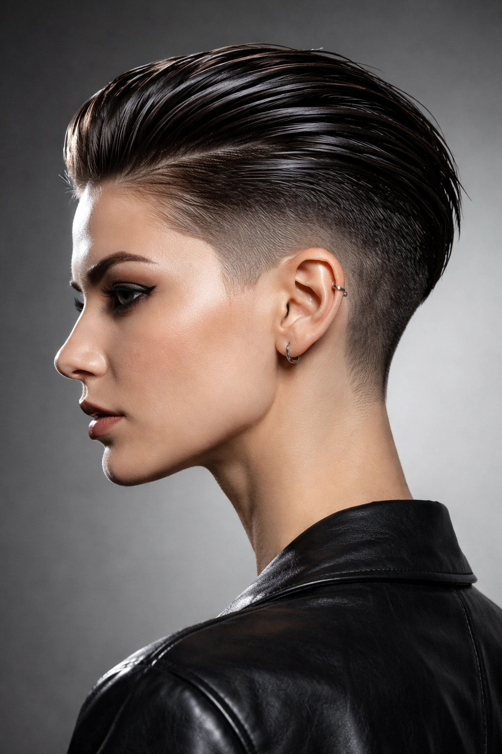 Profile view of slicked-back undercut with glossy top and shaved sides