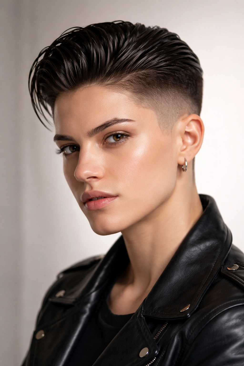 Close-up portrait of a person with slicked-back undercut showing long top and short sides