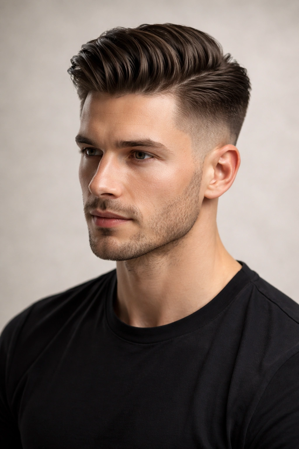 Undercut hairstyle with top slicked back and short sides in a studio portrait.