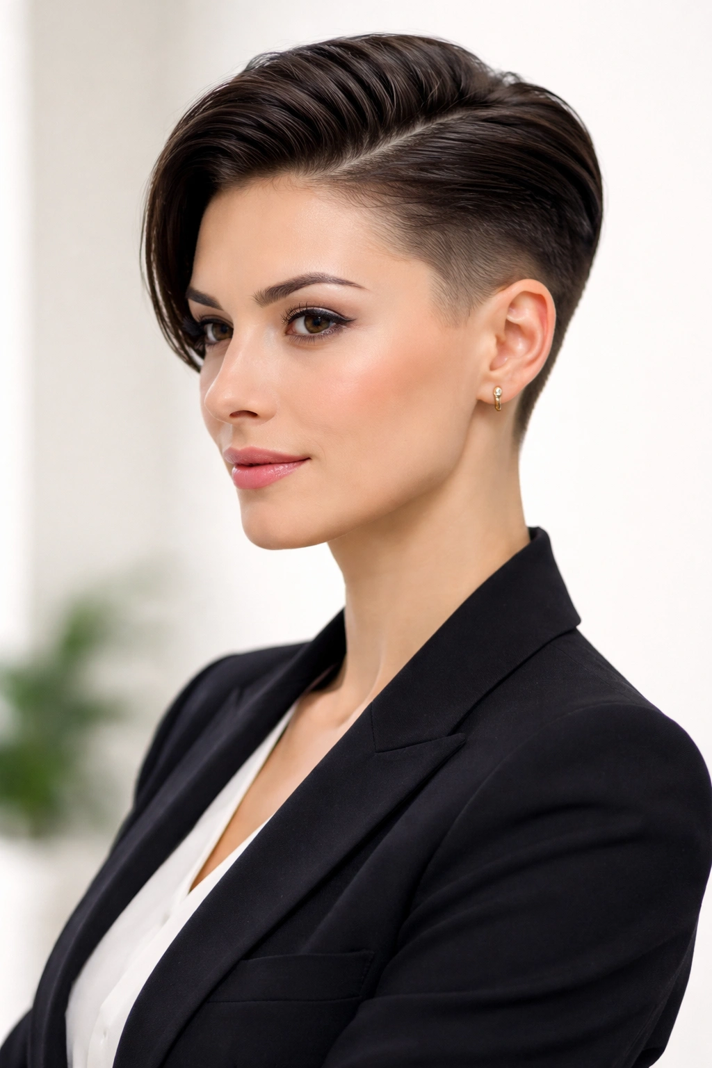 Portrait of a woman with an undercut and smooth top, showcasing a modern professional hairstyle