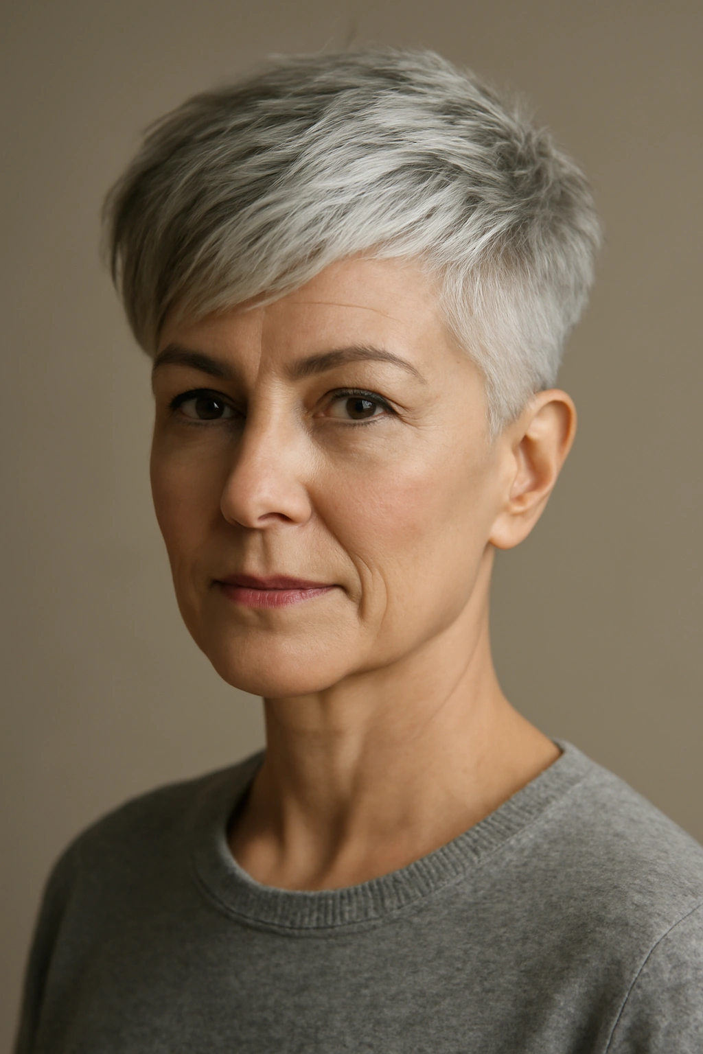 10 Short Haircuts for Women Embracing Their Gray Hair 7 Close-up of a silver-gray-haired woman with an undercut and soft layered top