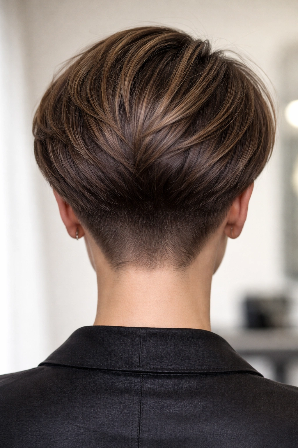 Head-and-shoulders view highlighting a very short undercut at the back with a longer top in a stacked bob