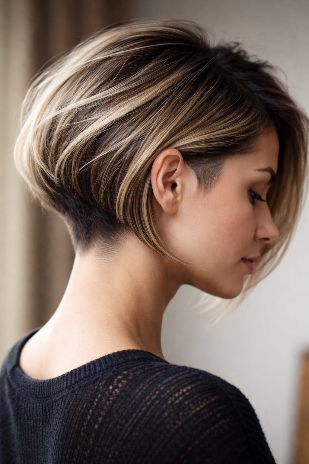 18 Stacked Bob Styles From Short To Medium Length 9 Three-quarter view of undercut stacked bob showing a distinct undercut beneath the top layers