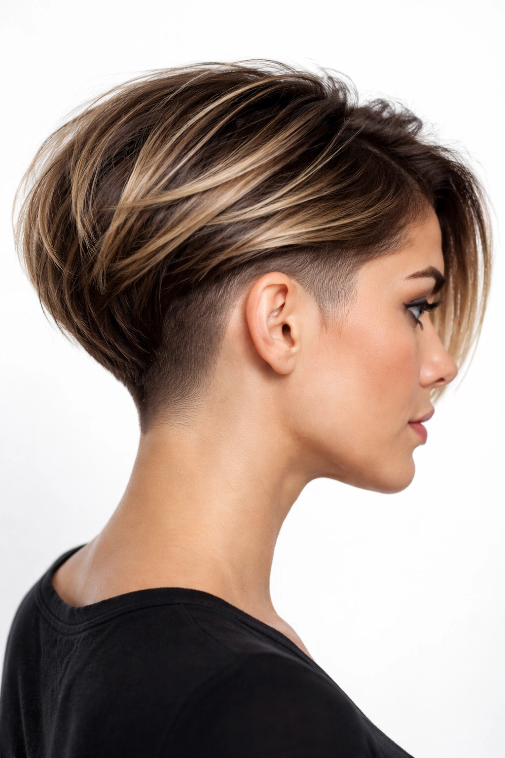 Profile view of an undercut stacked bob with shaved sides and long top layers