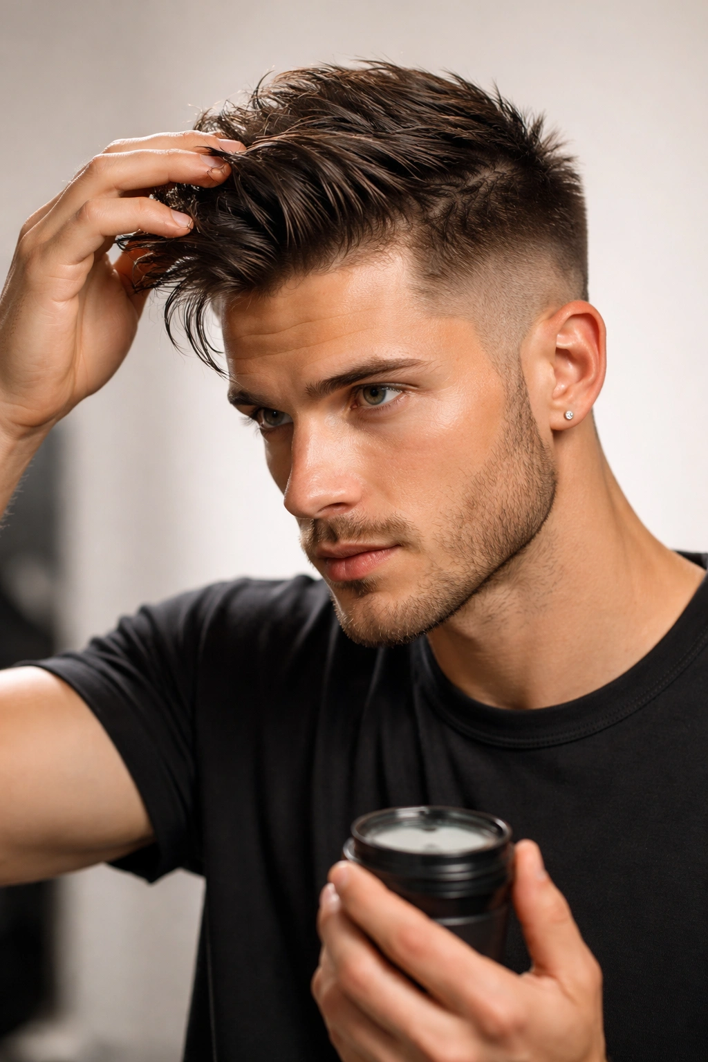Undercut being styled with product to create textured top.