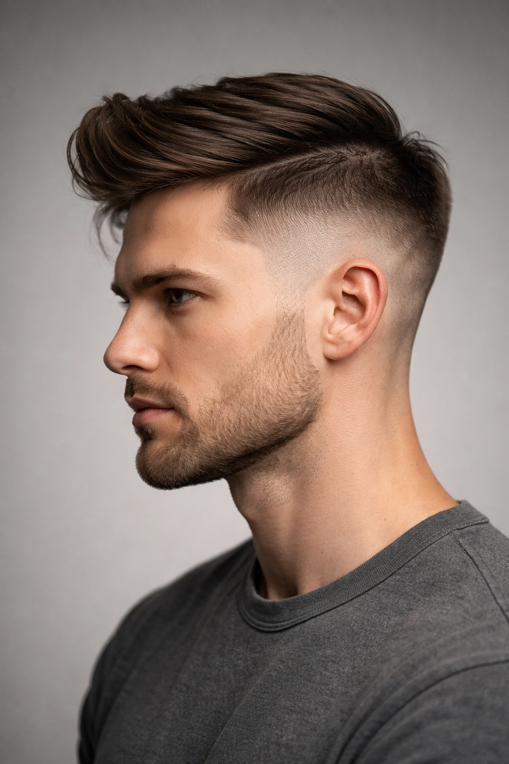 Side-profile of a head with a sharp disconnected undercut and swept top