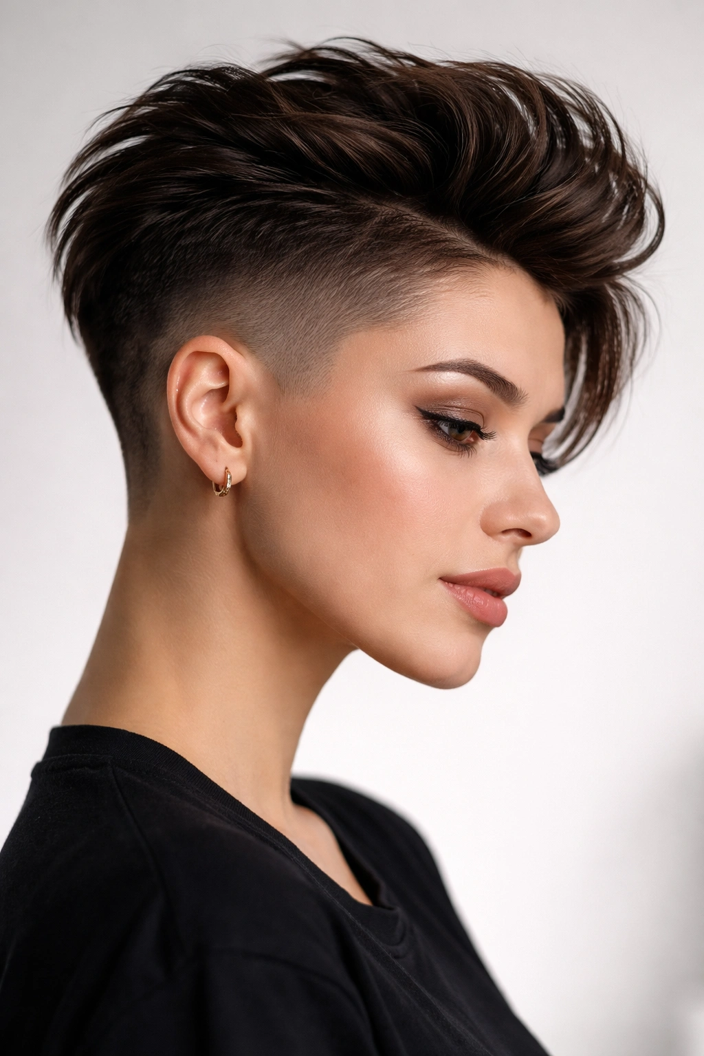 Side profile of a woman with an undercut taper featuring a long top and dramatic contrast.