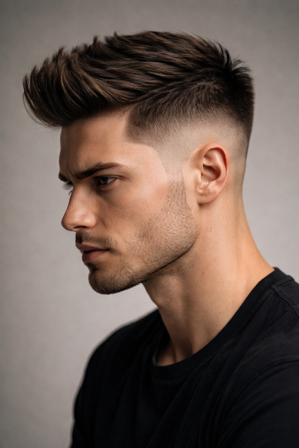 10 Temp Fade Haircuts For A Clean Sharp Look 7 Close-up portrait of a man with extreme undercut and sharp temple definition, long top and short sides in studio lighting