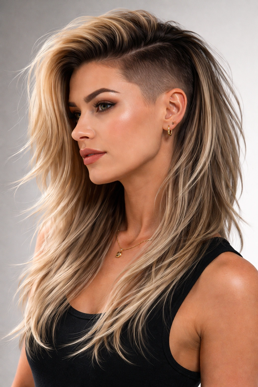 Disconnected undercut with long textured top layers; bold, modern silhouette.