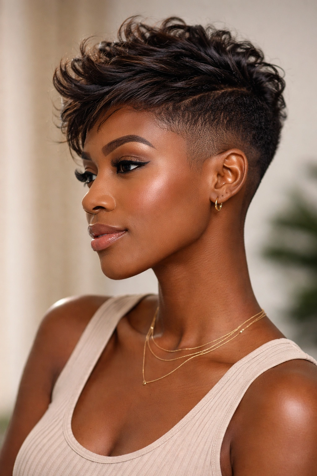 Close-up of a Black woman with an undercut showing faded sides and a textured layered top