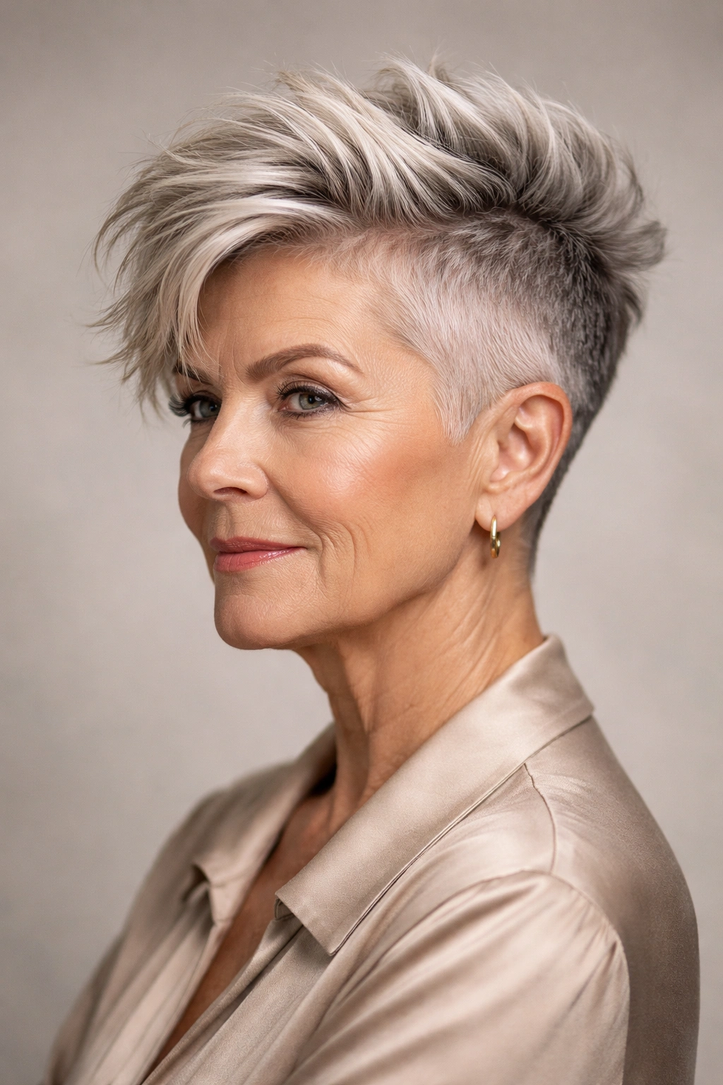 Close-up of a woman with a shaved undercut and textured top