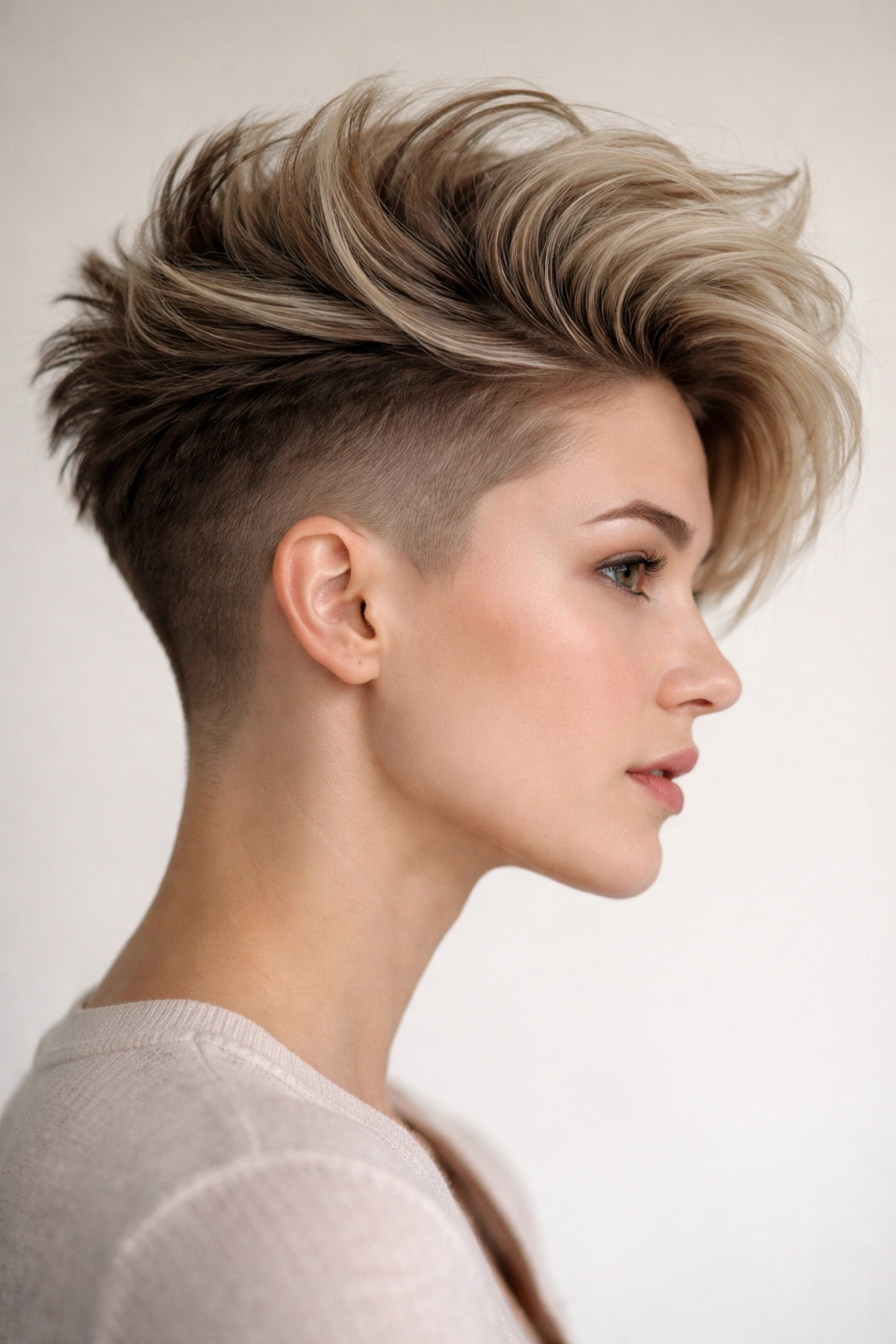 12 Short Layered Cuts For Volume And Texture 4 Side profile of a model with a long textured top and stark undercut