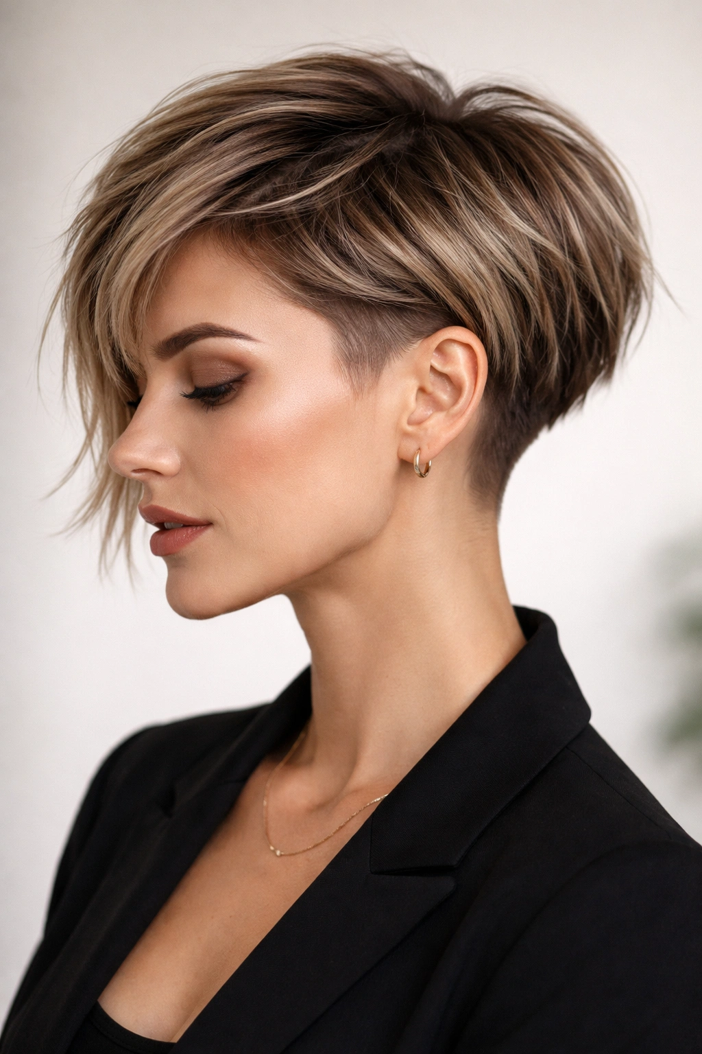 Studio portrait of a textured bob with disconnected undercut, showing movement in layered top.