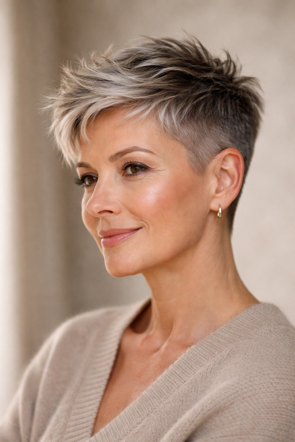 12 Chin Length Hairstyles For Women Over 50 7 Close-up of a mature woman with a cropped undercut and textured top, bold hairstyle