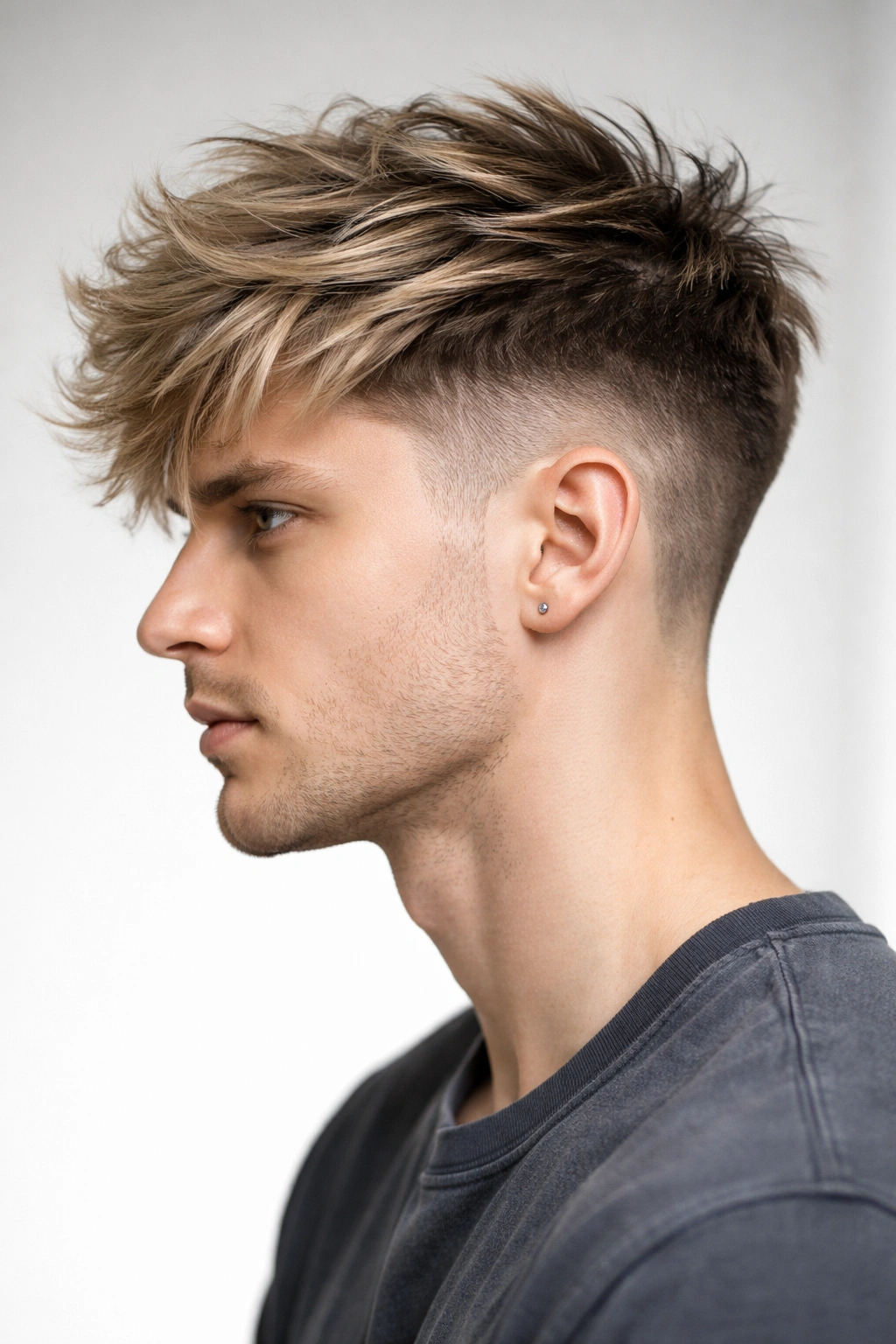 Side profile of textured undercut with long layered top, showing contrast and volume.