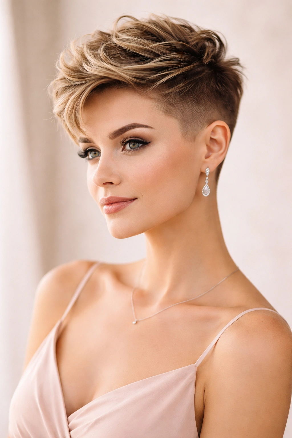 Close-up of short hair with sleek undercut and textured top.