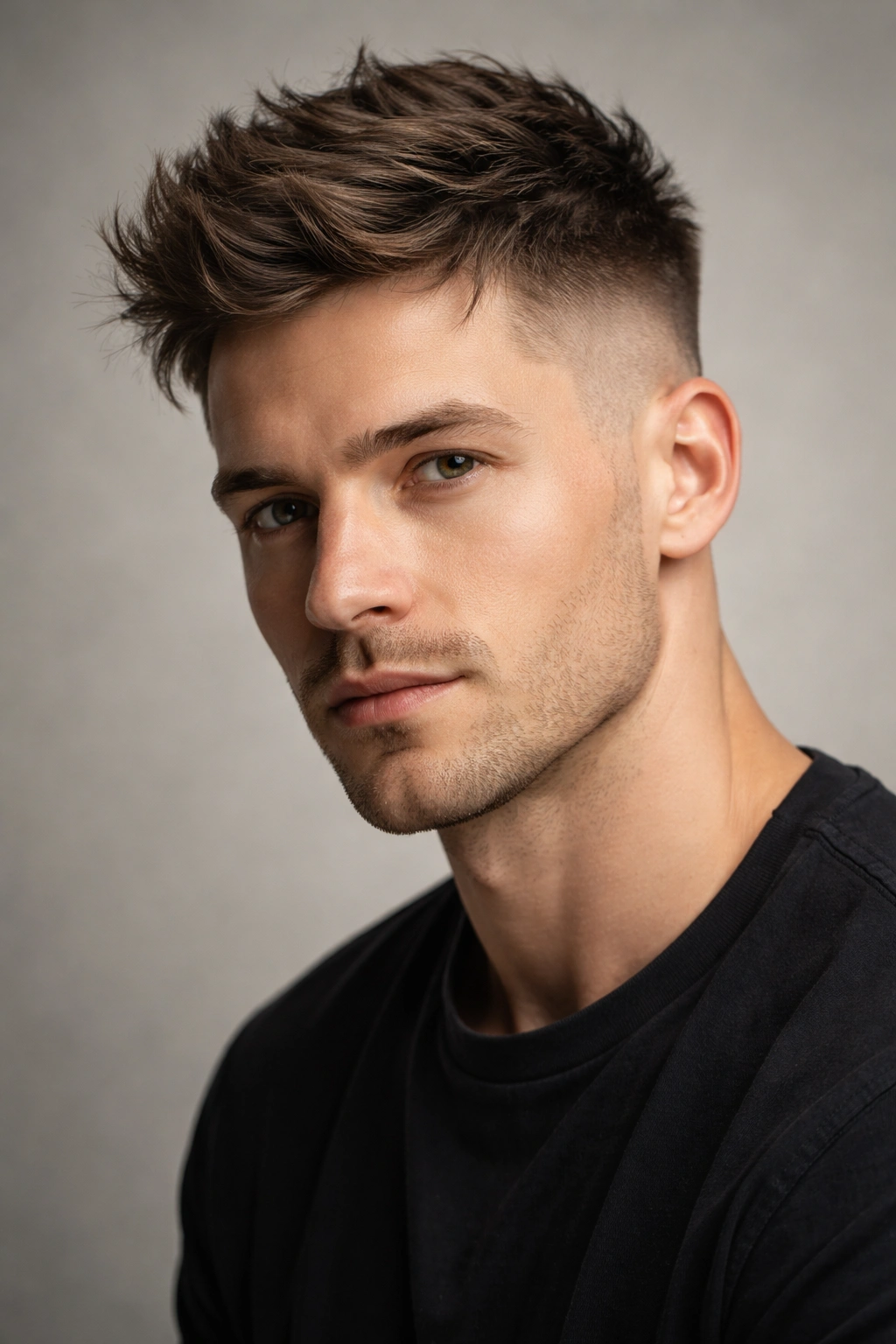 Close-up portrait of a person with an extreme undercut and textured top