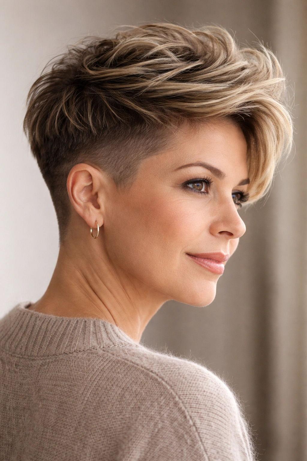 10 Short Haircuts For Women With Round Faces Over 40 8 Woman with a bold disconnected undercut and textured top